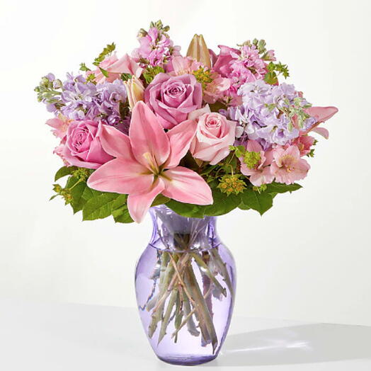 The Crown Jewel Bouquet (lily, rose 3, stock + vase)