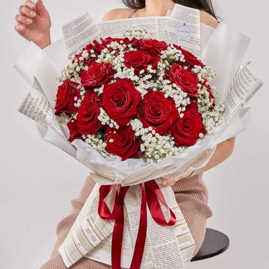 Red roses with gypsophila