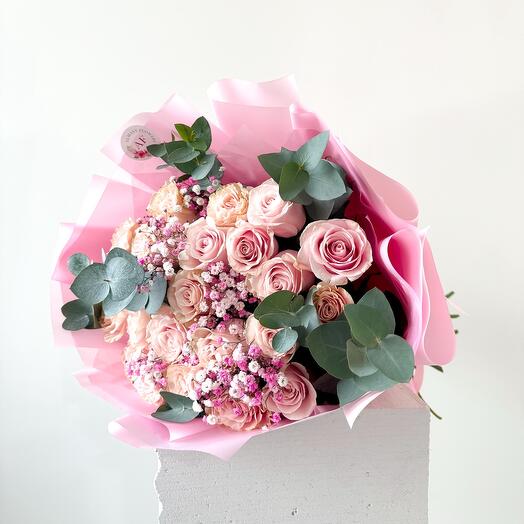 Light pink roses with gypsophila and eucalyptus