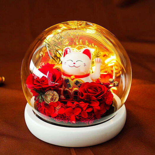 Fortune Cat Eternal Flower Crystal Ball Glass Cover Night Light