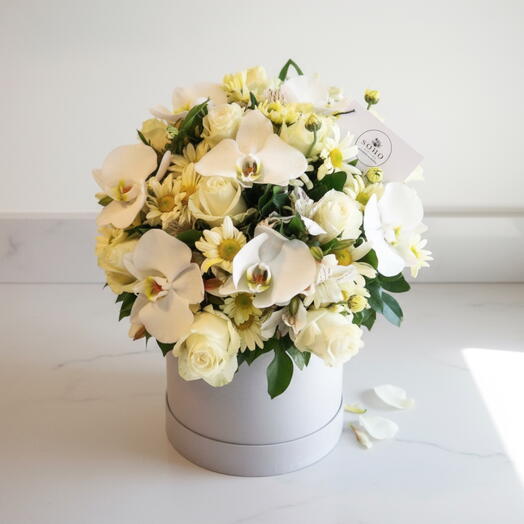 Caja Floral Blanco Supremo con Orquideas y Rosas – Arreglo Elegante SOHO Floral