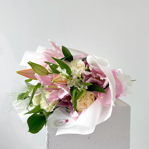 Pink lilies with white roses bouquet