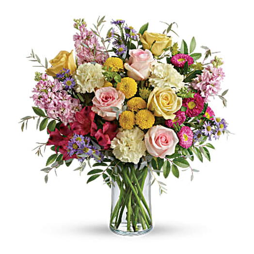 Goodness And Light Bouquet (roses, stock, carnation, mums + vase)