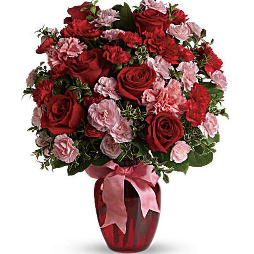 Dance with Me Bouquet (red roses, carnation + vase)