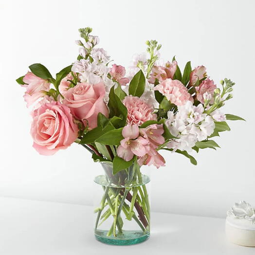 At the Ballet Bouquet (rose, carnation, alstro, stock + vase)
