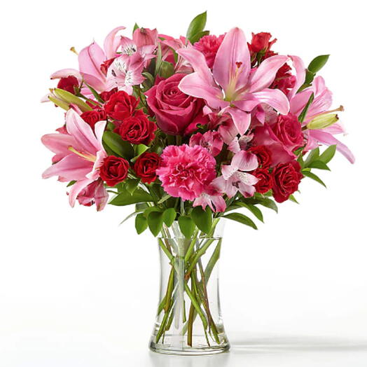 Berry in Love Bouquet (pink lily, spray roses, carnation, alstro + vase)