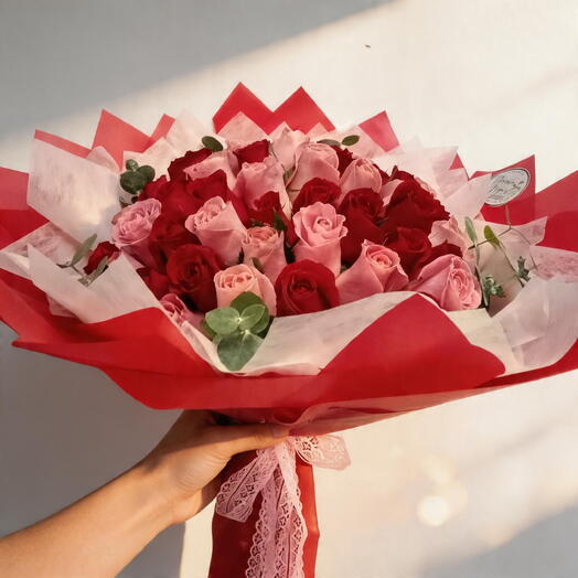 Ramo de 50 Rosas Rojas y Rosas Premium con Eucalipto – Bouquet Romantico Grande