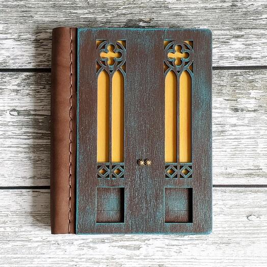 Gothic wooden notebook in the shape of a door
