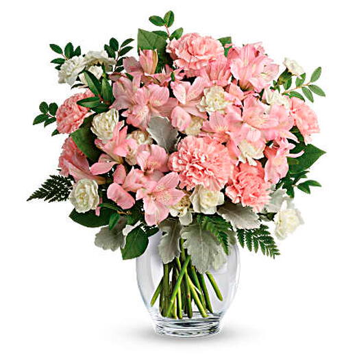Whisper Soft Bouquet (carnations, alstro + vase)