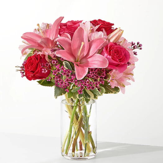 Lucky in Love Bouquet (lily, roses, alstro, wax + vase)