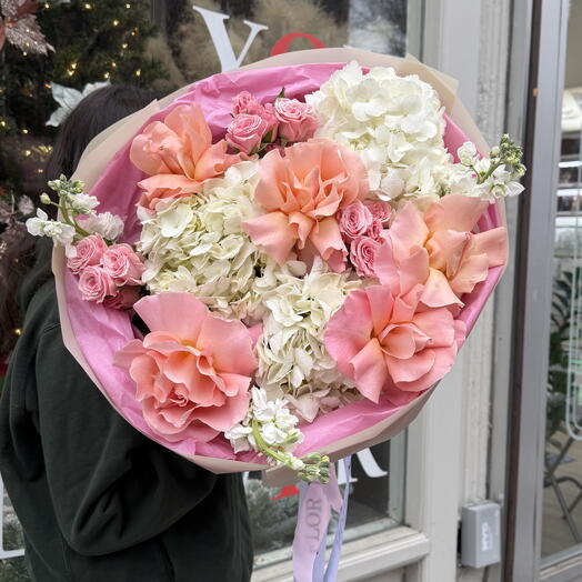 Petal Poem Bouquet Small ( French Hermosa roses, spray roses, hydrangeas, stocks)