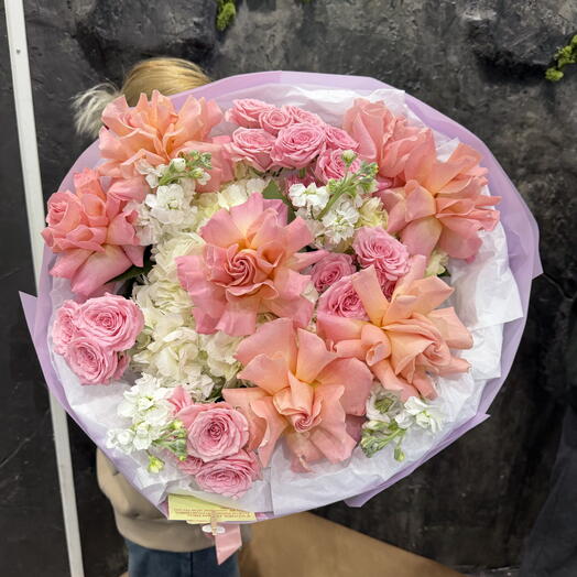 Petal Poem Bouquet M Size (French Hermosa roses, hydrangeas , spray roses, stocks)