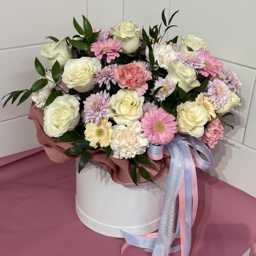 Large flower box with white roses