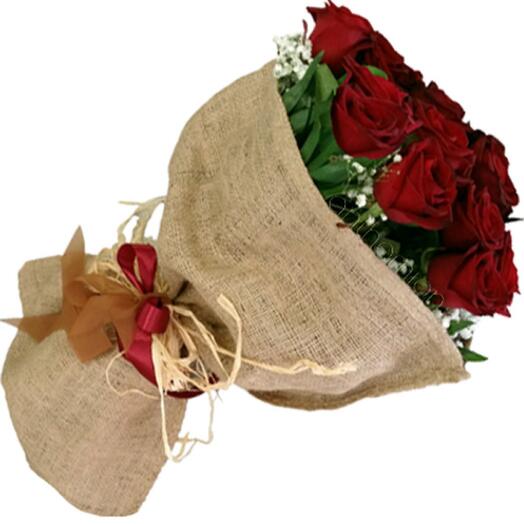 11 Red roses with burlap wrap