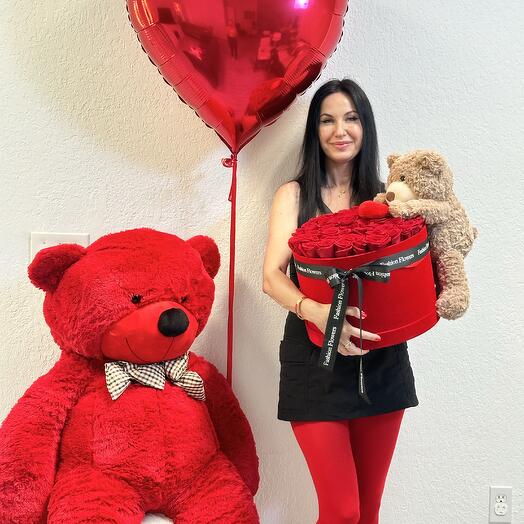 Big red velvet box with 50 roses, giant teddy bear 160 cm and big heart balloon