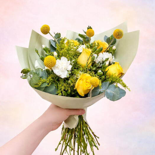 Ramo Promesa Amarilla | Rosa Amarilla, Clavelina Blanca y Craspedia