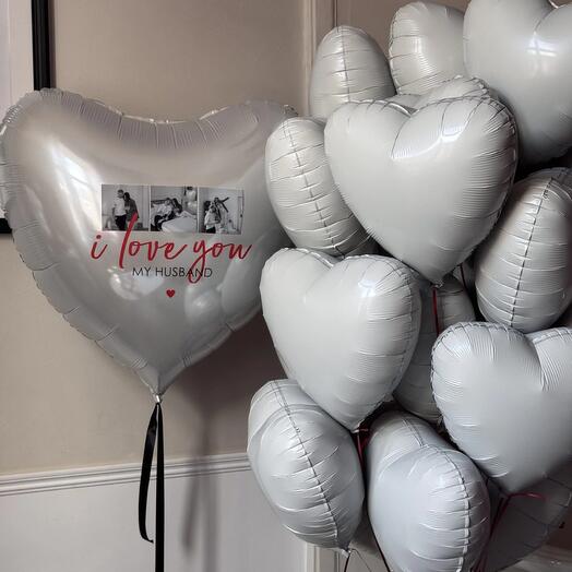 Large white heart with inscription and photos, and a bouquet of 20 white hearts