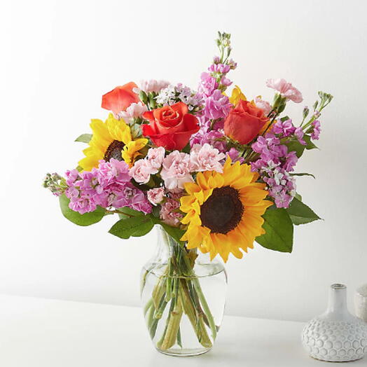 Yellow Brick Road Bouquet (sunflower, stock, rose, carnation + vase)