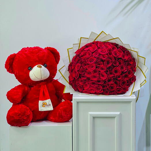 100 Red Roses | 60cm Teddy Combo