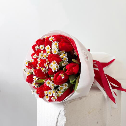 Red tulips with daisies