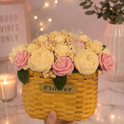Handmade candle bouquet in a basket – Pastel Peonies