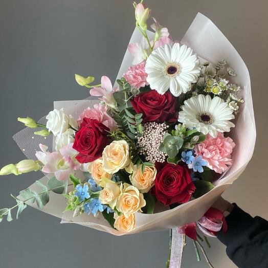 Summer Rainbow with red roses, gerberas and eucalyptus