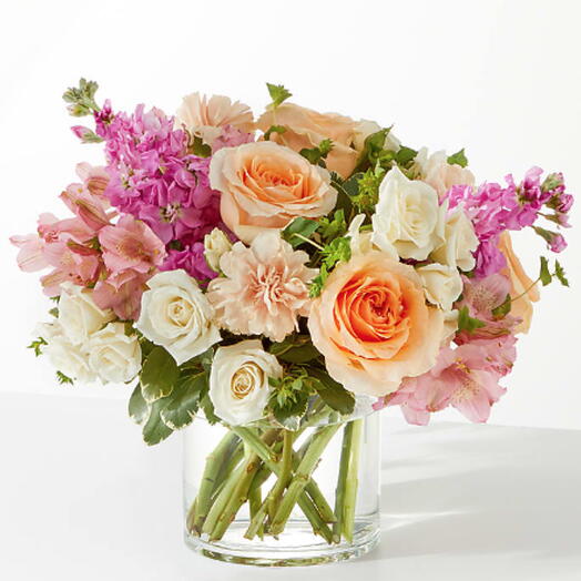 Paradise Bouquet (rose, stock, carnation, alstro + vase)