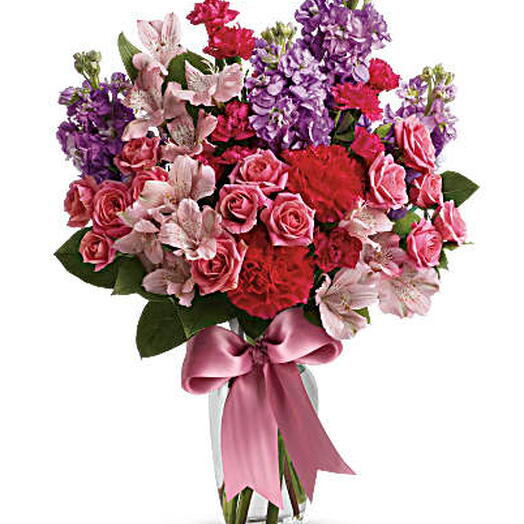 Jumping for Joy (alstro, spray roses, carnation, stock + vase)