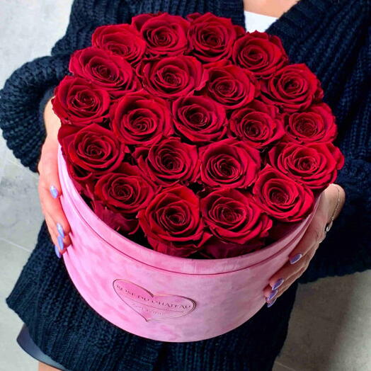 Roses éternelles rouges dans une grande boîte floquée rose