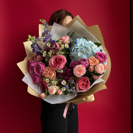 Valentines 3 - hydrangea, apray roses, delphinium, matricaria