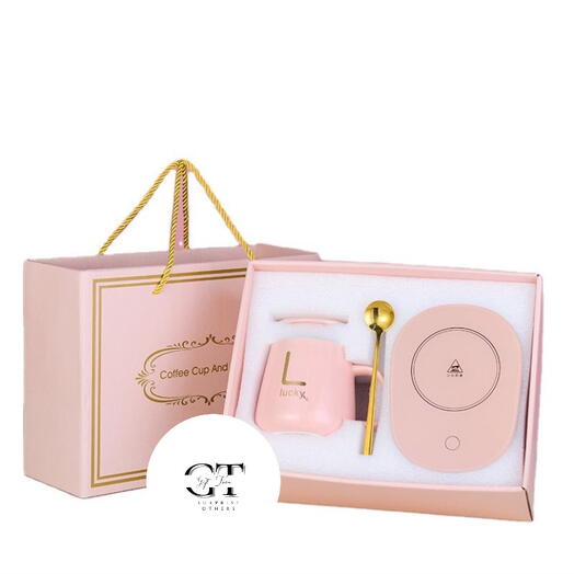 💖 Pink Coffee Mug with Warmer – Elegant Gift Set for Her ☕🎁