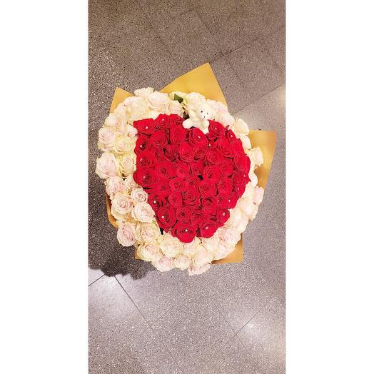 Diamond heart rose bouquet 101 pcs + teddy bear