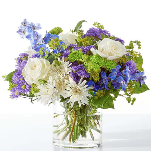 Genuine Gestures Bouquet (rose, mums, delphinium + vase)