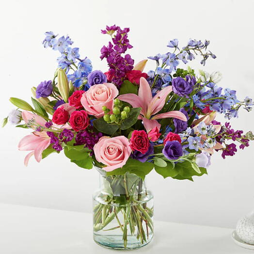 Breezy Meadows Bouquet (rose, lily, delphinium, lisi + vase)