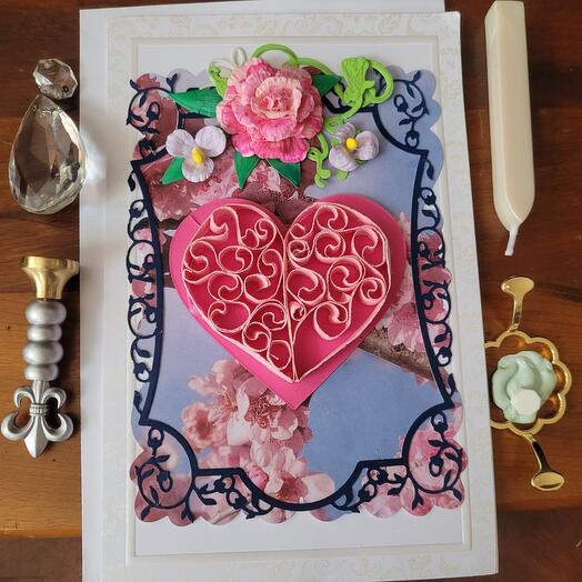 Greeting card  quellined  heart and rose
