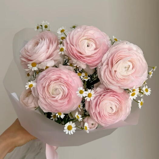 5 ранункулюсов с танацетумом