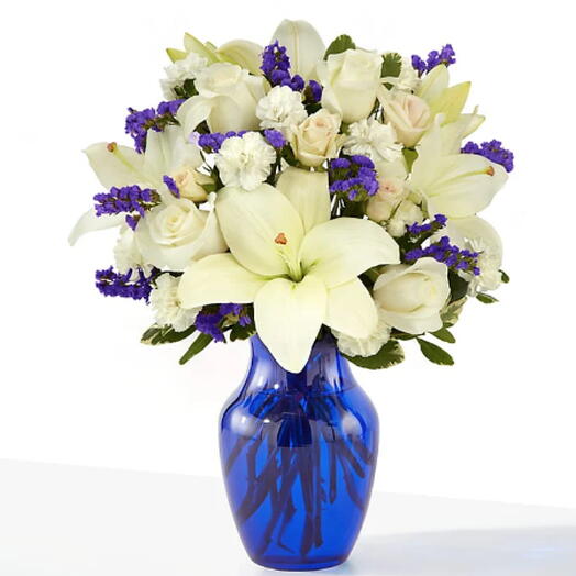 Sapphire Rush Bouquet (lily, rose, carnation in blue + vase)