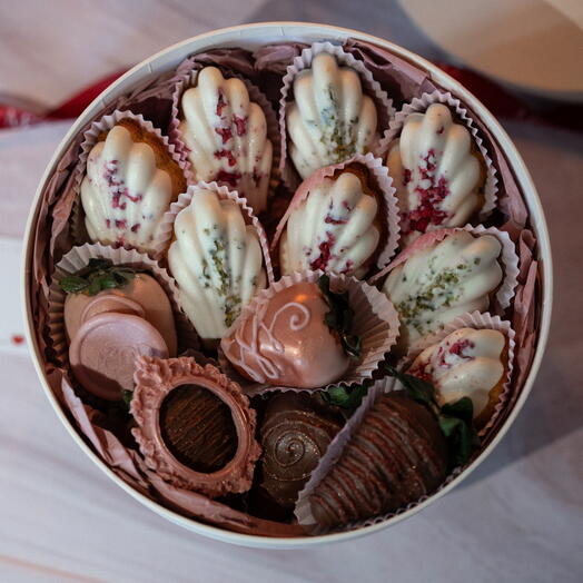 Chocolate-Covered Madeleines and Strawberries Box