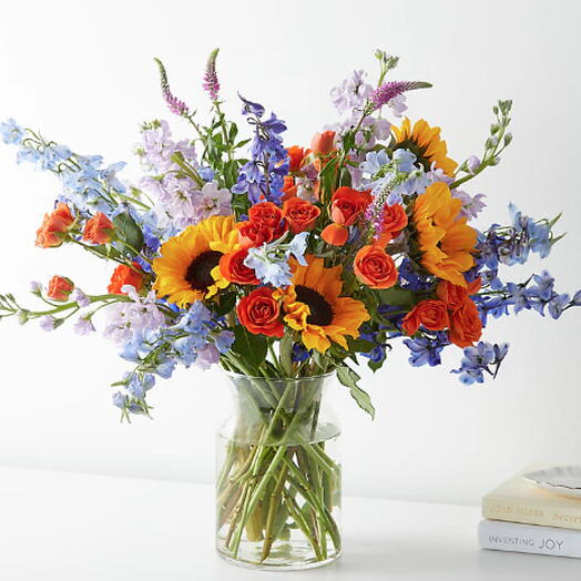 The Full Nest Bouquet (spray roses, sunflowers, delphinium, veronika + vase)