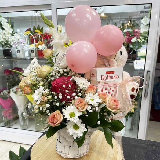 Romantic flower basket with teddy and raffaello