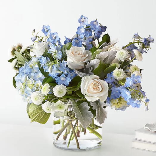 Clear Skies Bouquet (rose, hydrangea, delphinium, mum + vase)