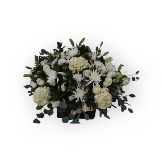 White clouds. Flowers in basket