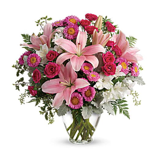 Blush Rush Bouquet (liles, spray roses, asters + vase)