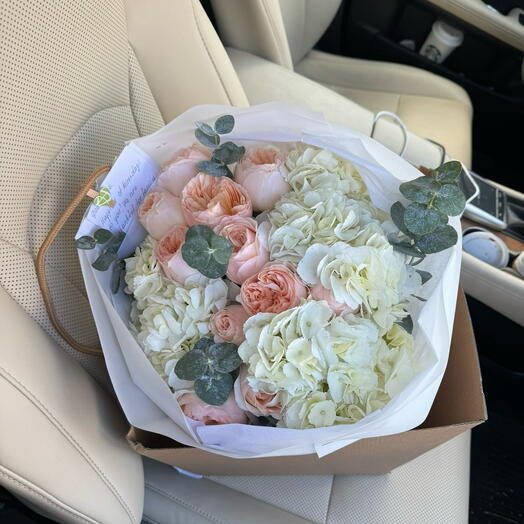Romeo   Juliet Bouquet (peony Juliet roses, white hydrangeas , eucalyptus )