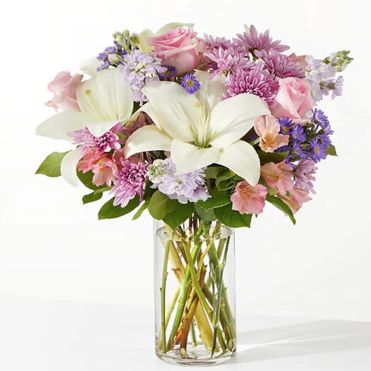 Weekend Escape Bouquet (lily, rose, mums, stock + vase)