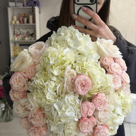 White Ohara Hydrangea and Rose Bouquet