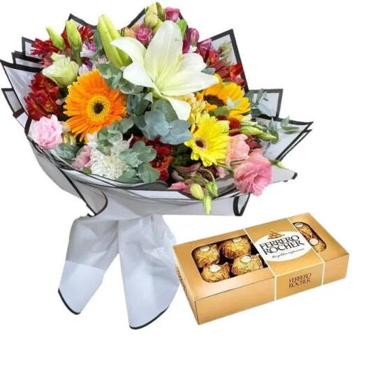 RAMO DE FLORES DE ESTACION CON BOMBONES CHOCOLATE ROCHER