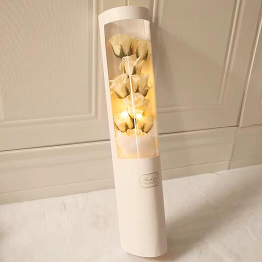 Elegant Beige Rose Bouquet in a Box with LED Lights
