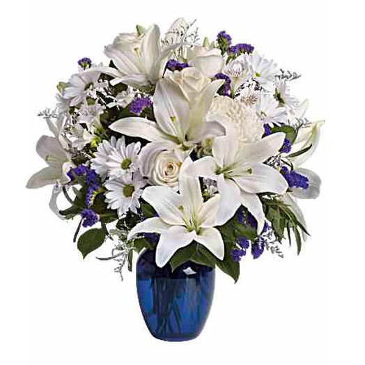 Beautiful in Blue (lilies, mums, alstro, carnation, roses +vase)