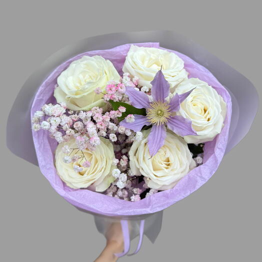 White roses with clematis